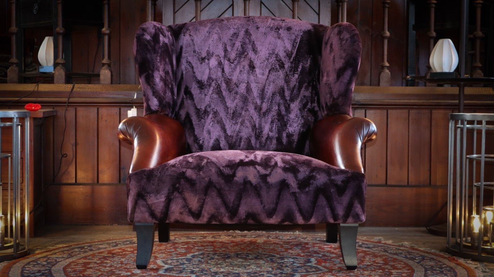 Stunning John Sankey Moliere Library Club Fireside Wing Arm Chair Purple Tan 🚚 photo 1600.0