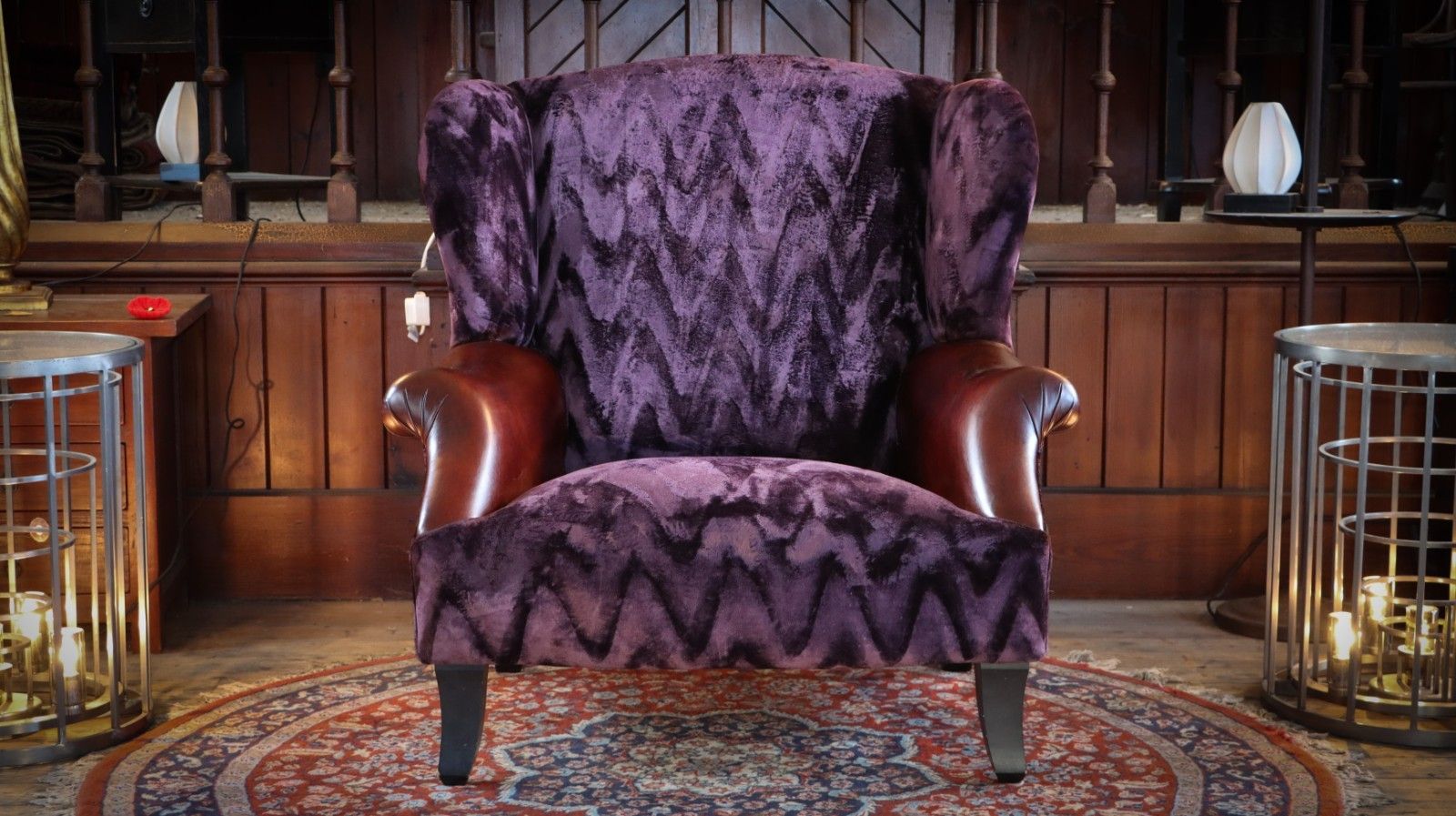 Stunning John Sankey Moliere Library Club Fireside Wing Arm Chair Purple Tan 🚚 photo vinterior