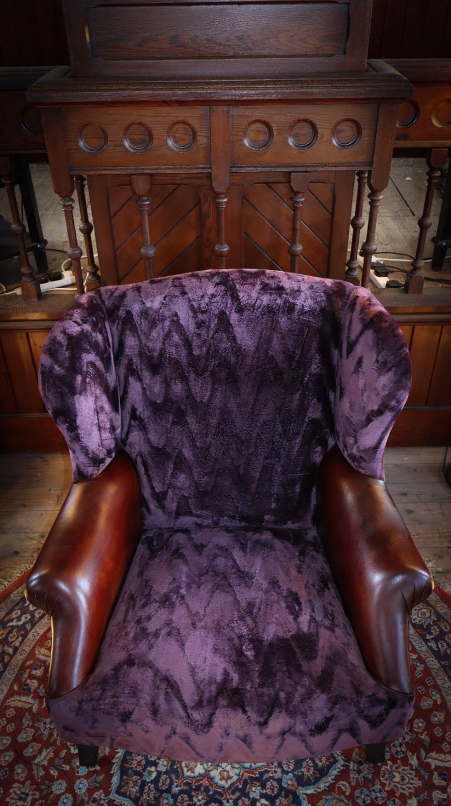 Stunning John Sankey Moliere Library Club Fireside Wing Arm Chair Purple Tan 🚚 photo buy