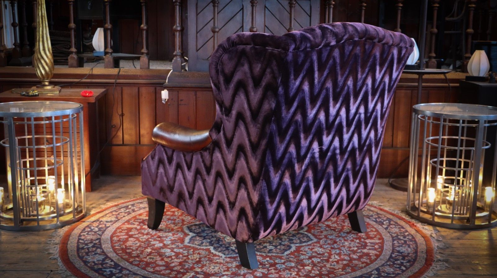 photo vinterior Stunning John Sankey Moliere Library Club Fireside Wing Arm Chair Purple Tan 🚚
