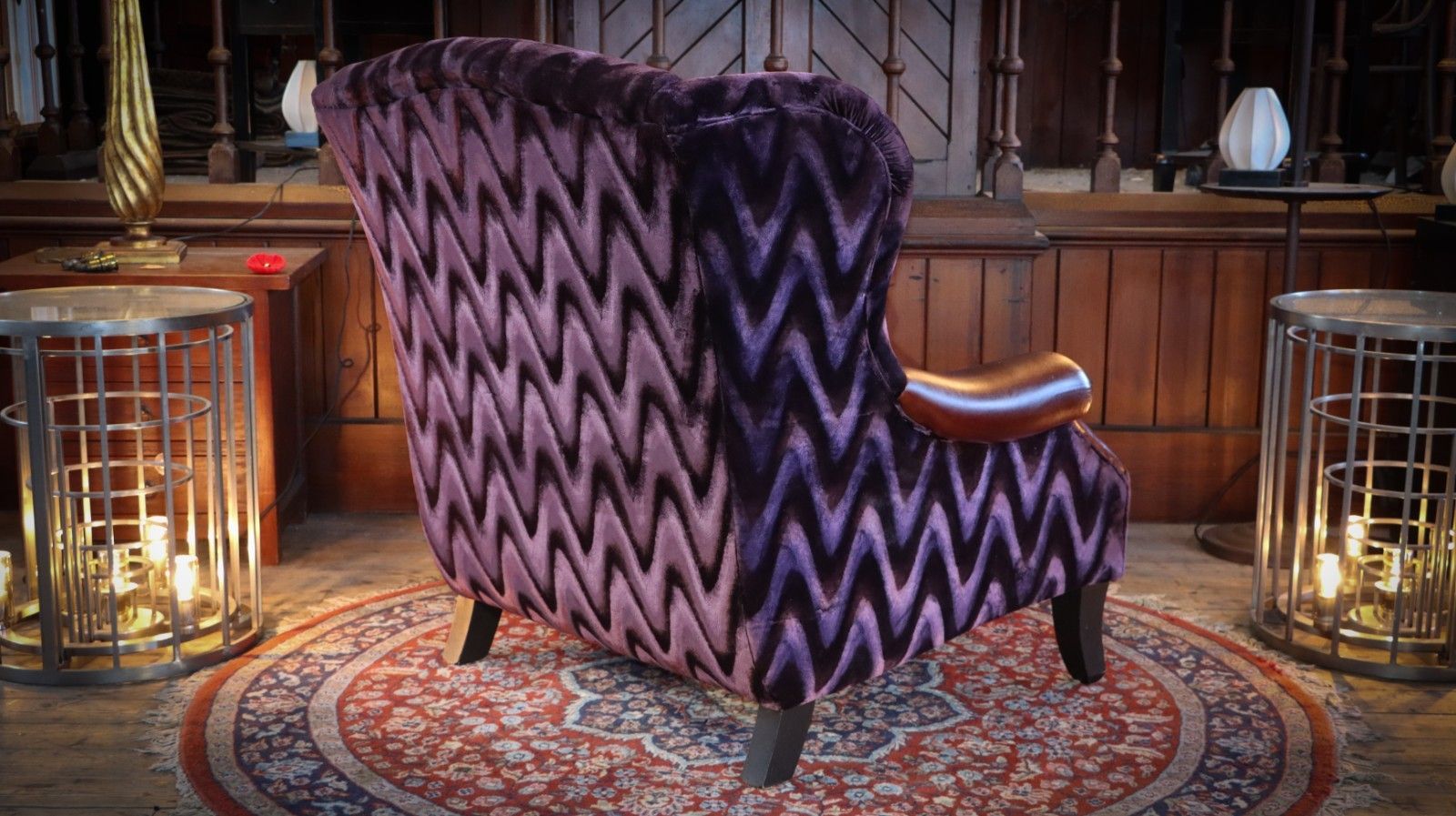photo vintage Stunning John Sankey Moliere Library Club Fireside Wing Arm Chair Purple Tan 🚚