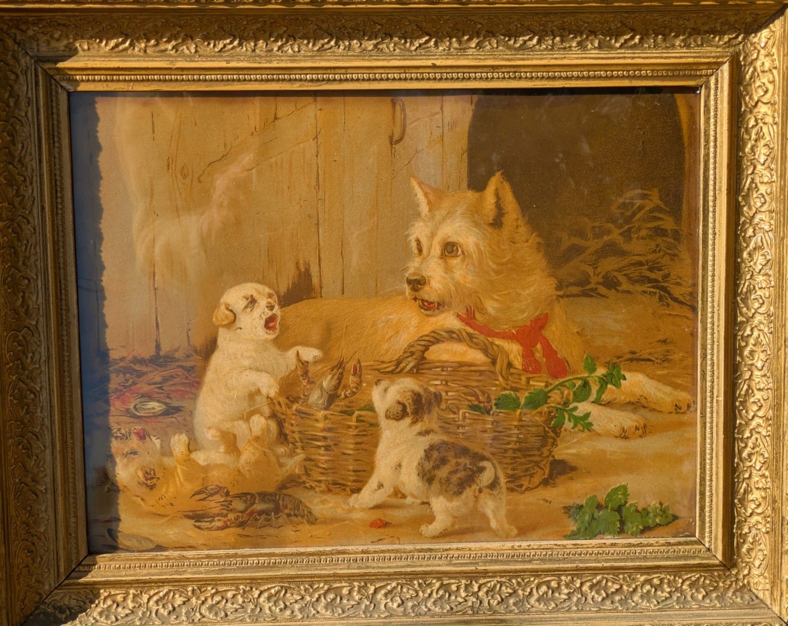 Victorian Framed Print Of Terrrier And Pups With Lobsters photo for sale