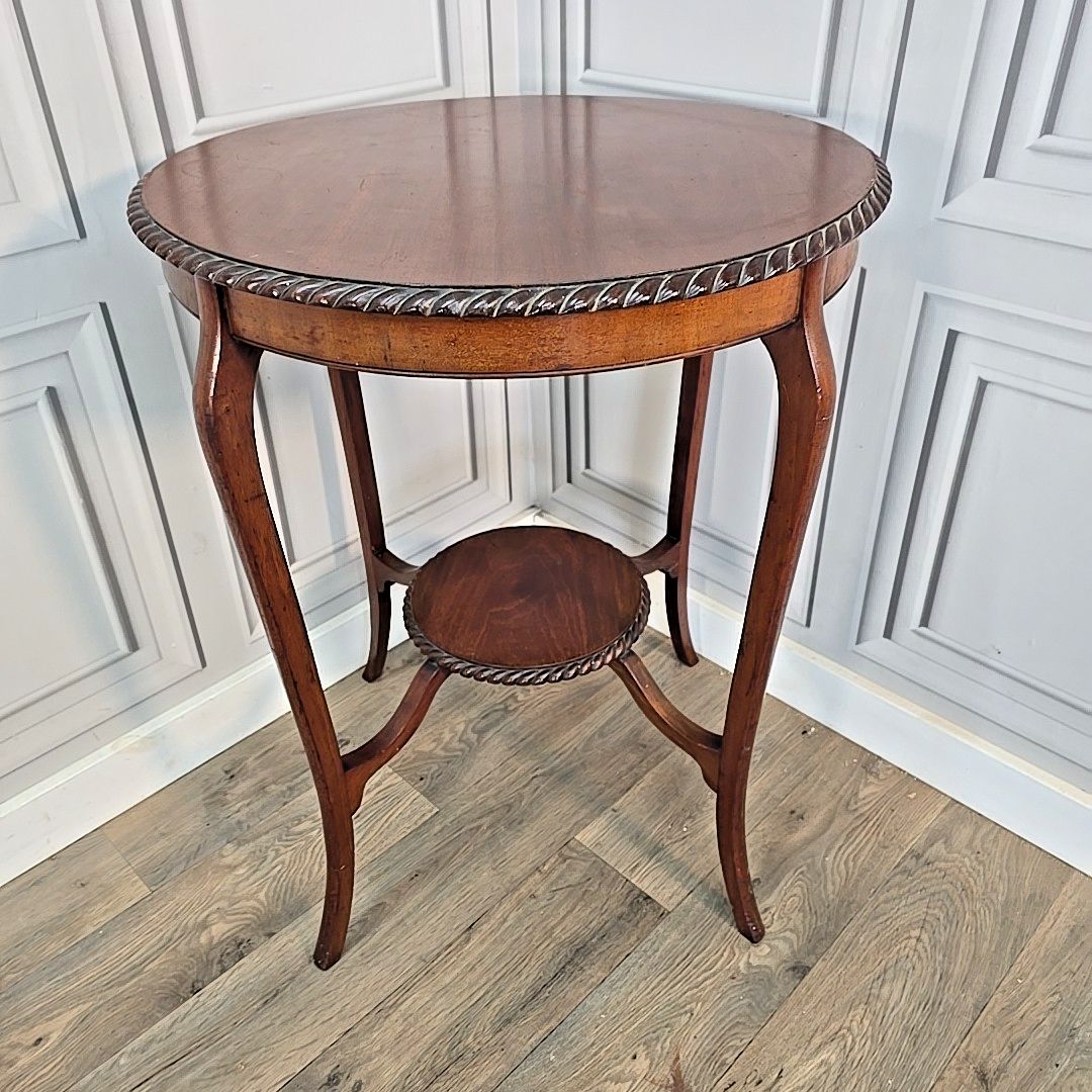 Antique Occasional Table Mahogany Round Window Side Rope Edge Tier Wooden