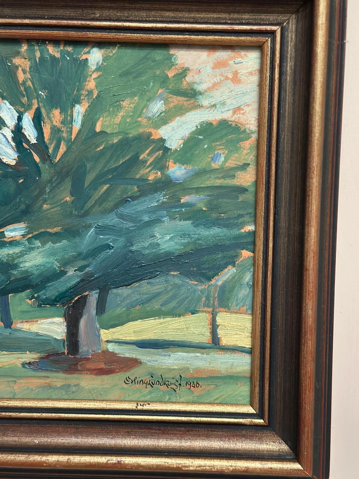 photo vinterior Original Mid Century Swedish Oil On Panel – “Majestic Tree” By Erling Lundquist – Vintage & Framed 44 × 34 Cm (17.3" × 13.4")