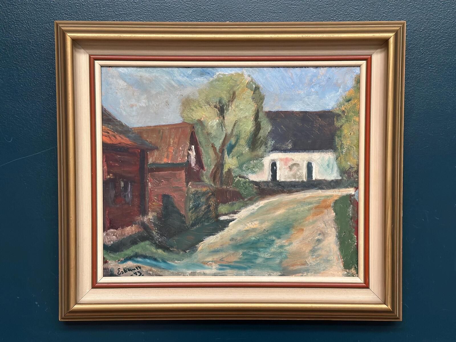 Original Mid Century Swedish Oil On Canvas – “Suburbia” By Erik Hult Vintage – Framed 60 × 52 Cm (23.6" × 20.5") photo furniture