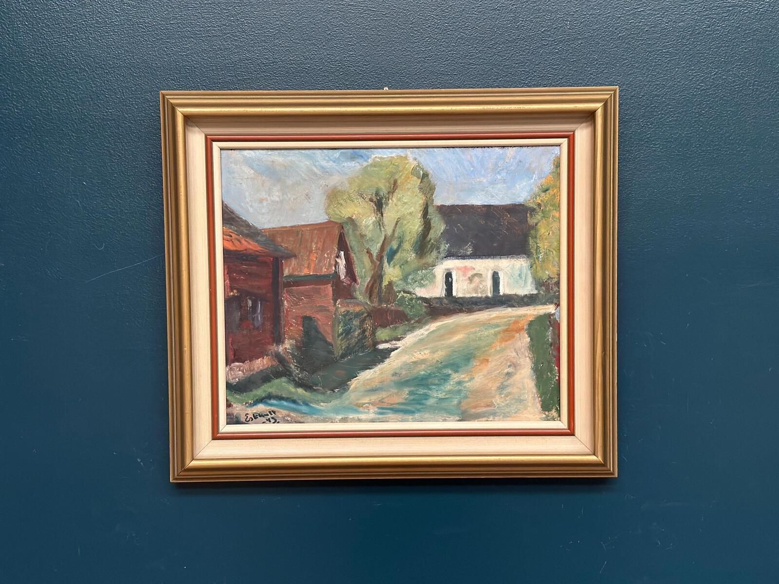 Original Mid Century Swedish Oil On Canvas – “Suburbia” By Erik Hult Vintage – Framed 60 × 52 Cm (23.6" × 20.5") photo for sale