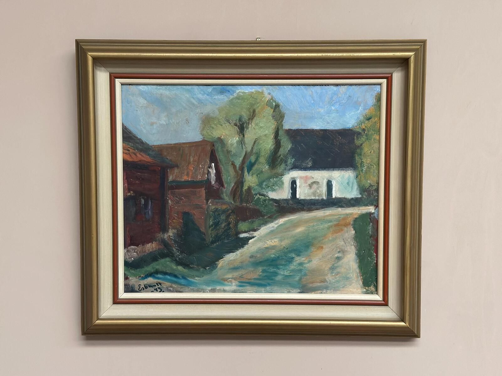 photo vinterior Original Mid Century Swedish Oil On Canvas – “Suburbia” By Erik Hult Vintage – Framed 60 × 52 Cm (23.6" × 20.5")