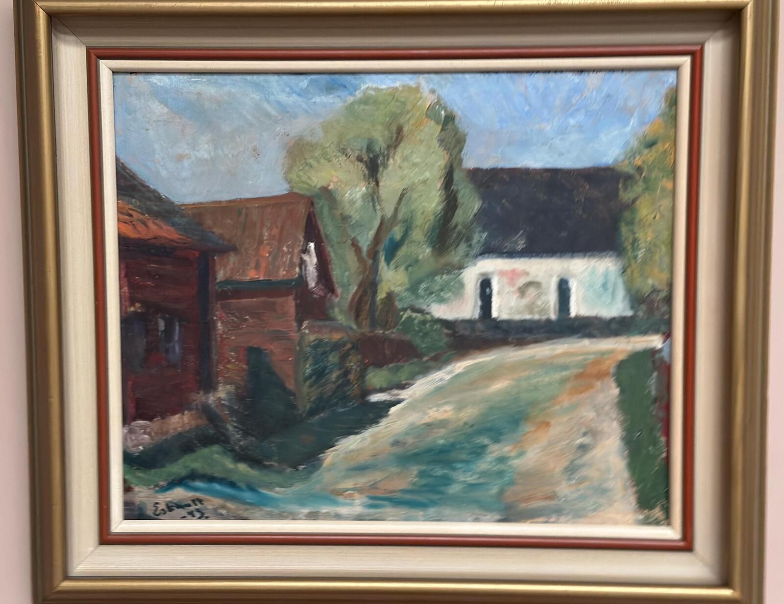 photo vintage Original Mid Century Swedish Oil On Canvas – “Suburbia” By Erik Hult Vintage – Framed 60 × 52 Cm (23.6" × 20.5")