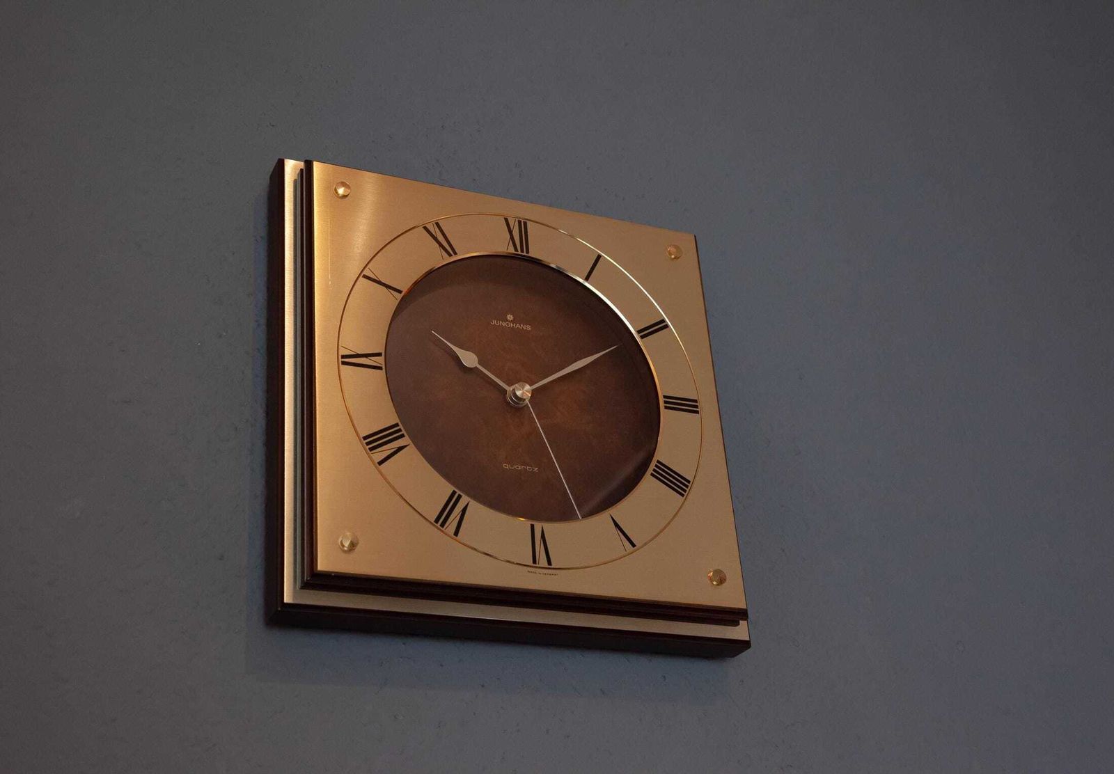 photo vinterior Elegant Junghans Wall Clock Brass Mid Century Modernism Space Age Germany Mcm Atomic Wood Gold