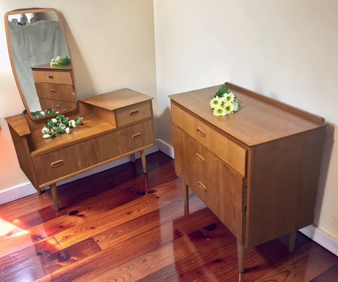 Vintage Mid Century Lebus Teak Dressing Table With Matching Chest Of Drawers photo 675.0