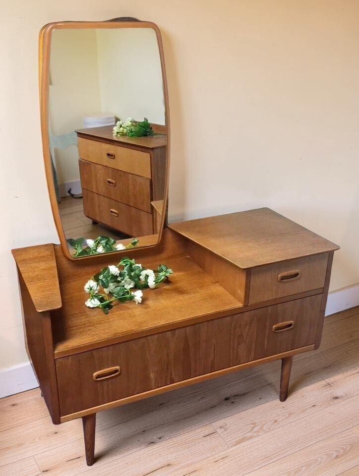 675.0 Vintage Mid Century Lebus Teak Dressing Table With Matching Chest Of Drawers photo