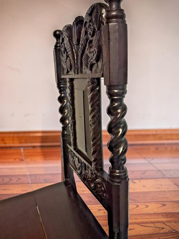 Antique Gothic Revival Oak Hall Chair With Carved Flowers & Barley Twist photo vintage