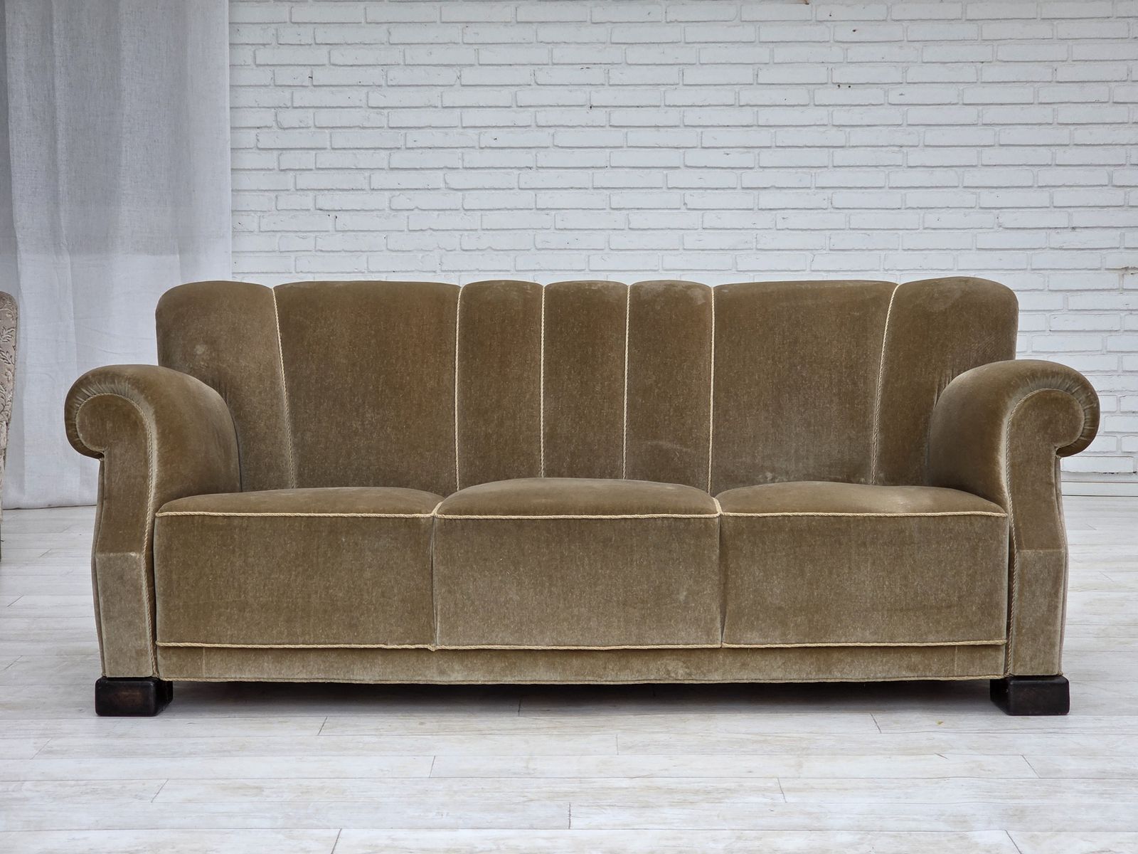 1960s, Danish 3 Seater Sofa, Green Furniture Velour, Oak Wood Legs. photo furniture