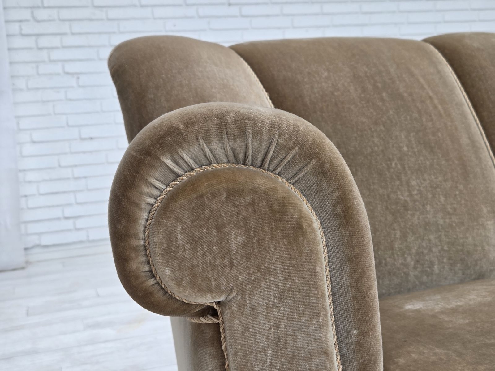 1960s, Danish 3 Seater Sofa, Green Furniture Velour, Oak Wood Legs. photo for sale