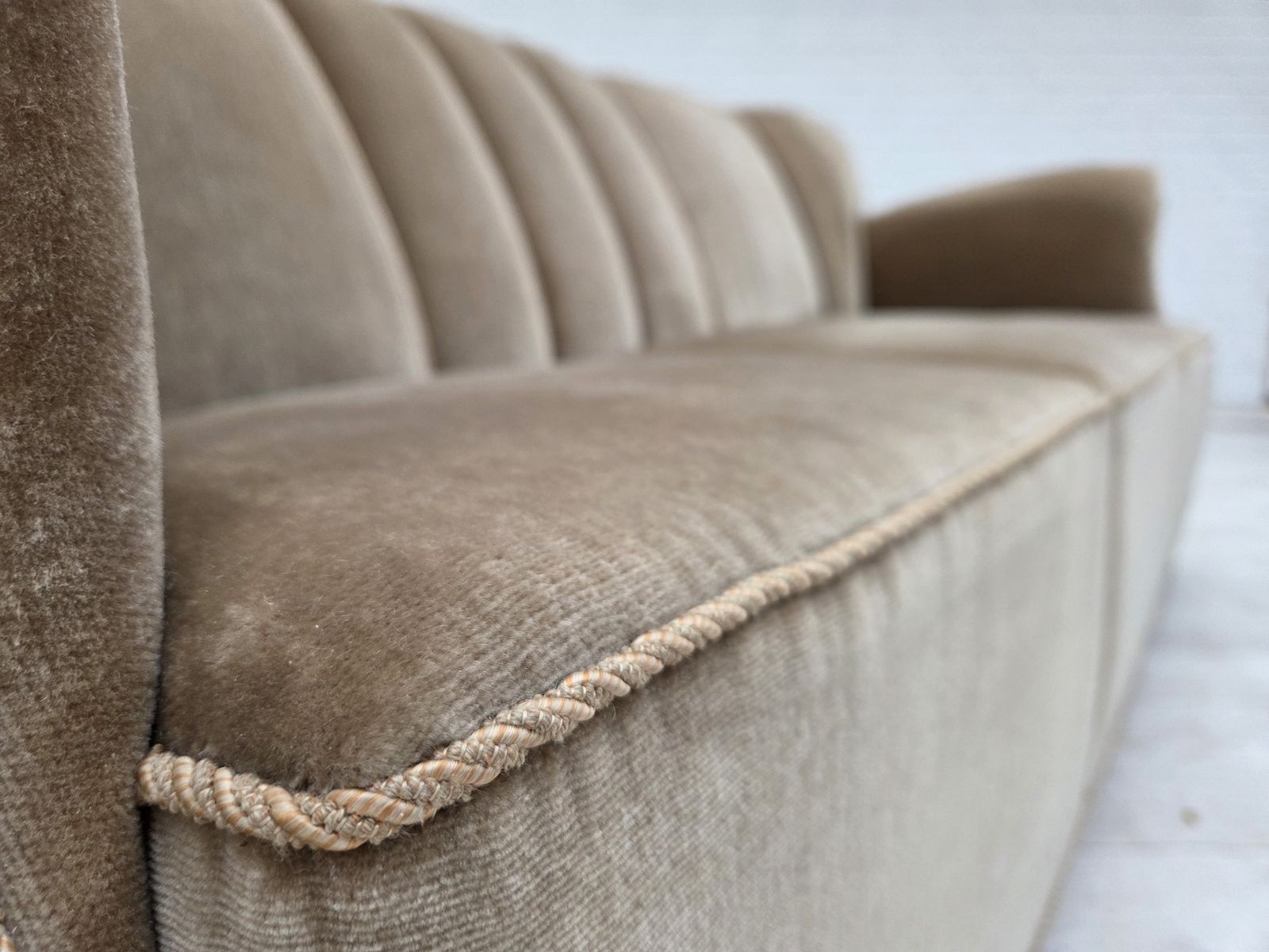 1960s, Danish 3 Seater Sofa, Green Furniture Velour, Oak Wood Legs. photo buy