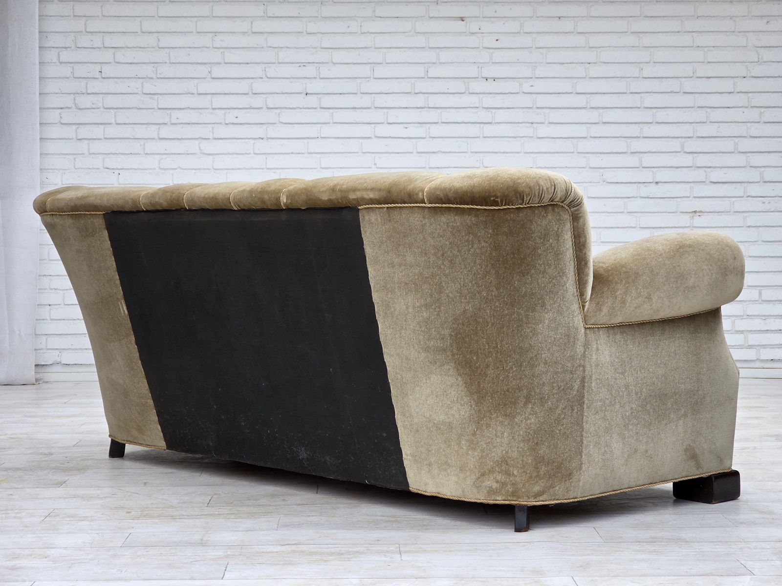 1990.0 1960s, Danish 3 Seater Sofa, Green Furniture Velour, Oak Wood Legs. photo