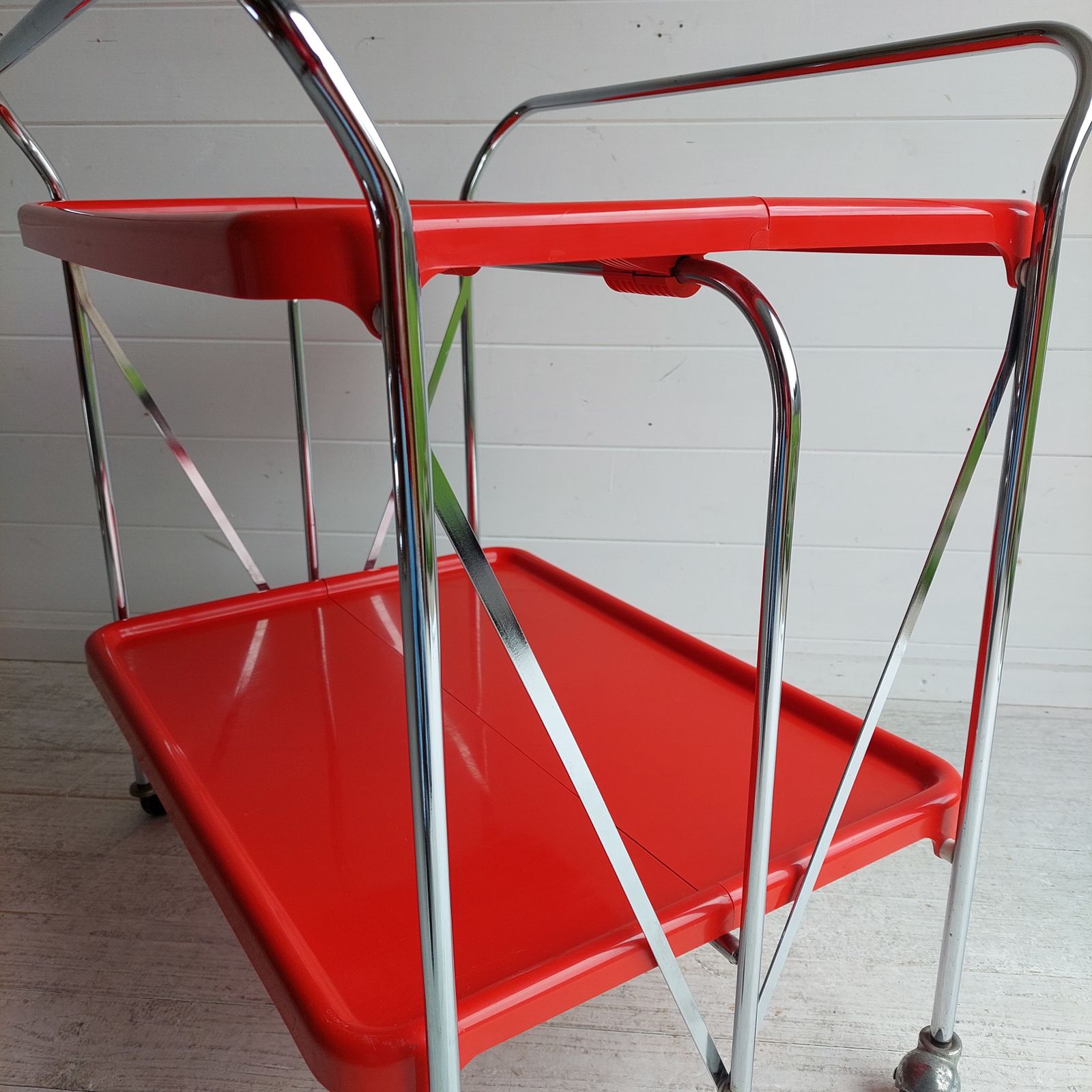 photo buy Mid Century Italian Ellisse Folding Trolley Postmodern Red & Chrome Drinks Cart 80s