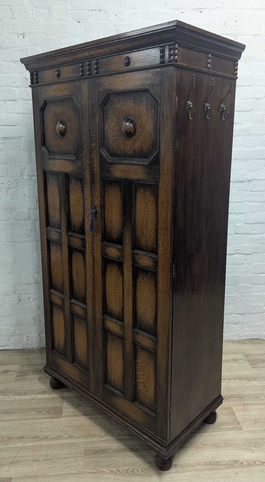 Early 20th Century Jacobean Revival Carved Oak Wardrobe Or Hall Cupboard