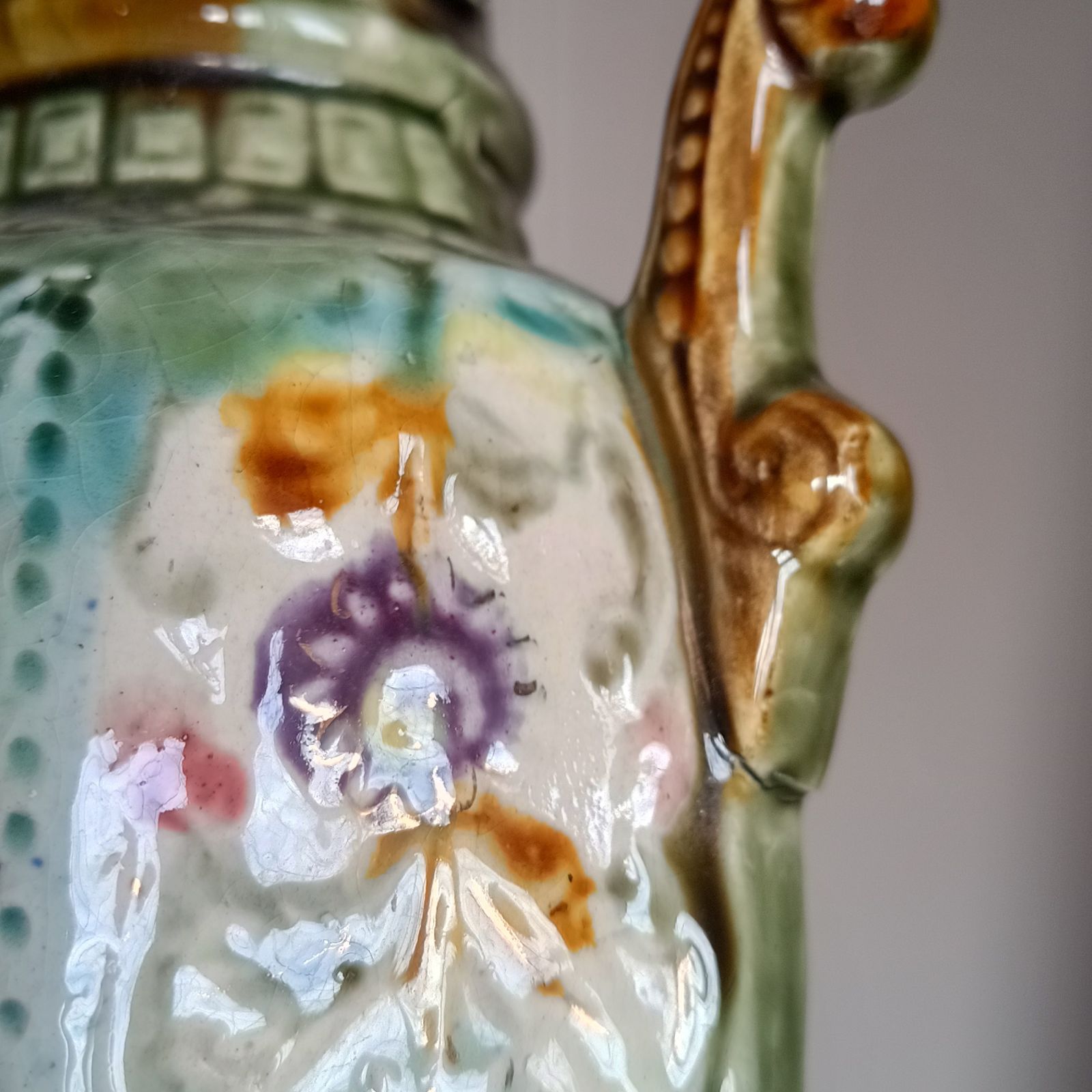 Home Decor Art Nouveau Majolica Twin Handled Vases – Edwardian Staffordshire, Pair photo