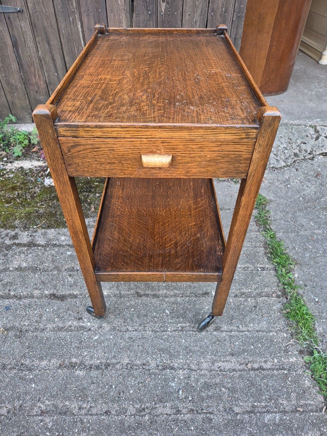 photo buy 1930s Oak Light Weight Drinks/Tea Trolley,2 Tiers With Drawer & Original Castors