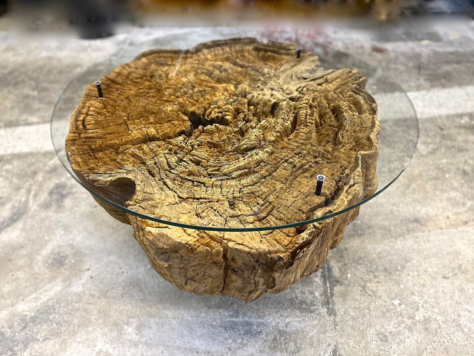 photo for sale Modern Organic Driftwood Coffee Table With Glass Top, Black Steel Base, Idn 2025