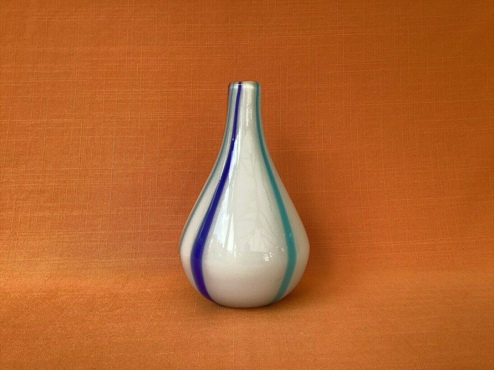 Mid Century Cased Glass Vase With Blue Striped Design, Hand Blown Candy Striped Glass Vase, Possibly Murano, Retro Blue & White Striped Vase photo Home Decor