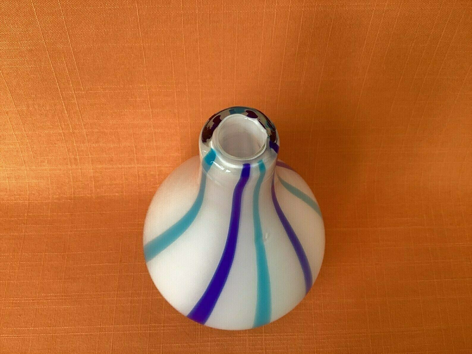 Mid Century Cased Glass Vase With Blue Striped Design, Hand Blown Candy Striped Glass Vase, Possibly Murano, Retro Blue & White Striped Vase photo 55.0