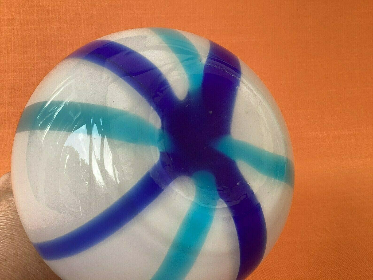 Mid Century Cased Glass Vase With Blue Striped Design, Hand Blown Candy Striped Glass Vase, Possibly Murano, Retro Blue & White Striped Vase photo buy