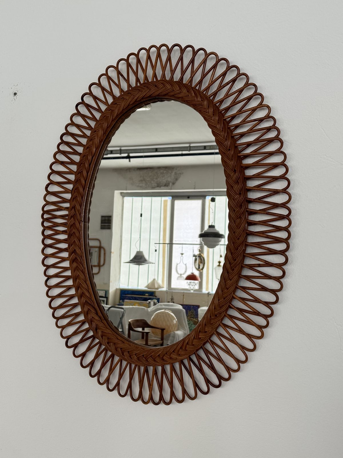 Italian Wall Mirror With Organic Bamboo And Wicker Frame, 1960s photo furniture