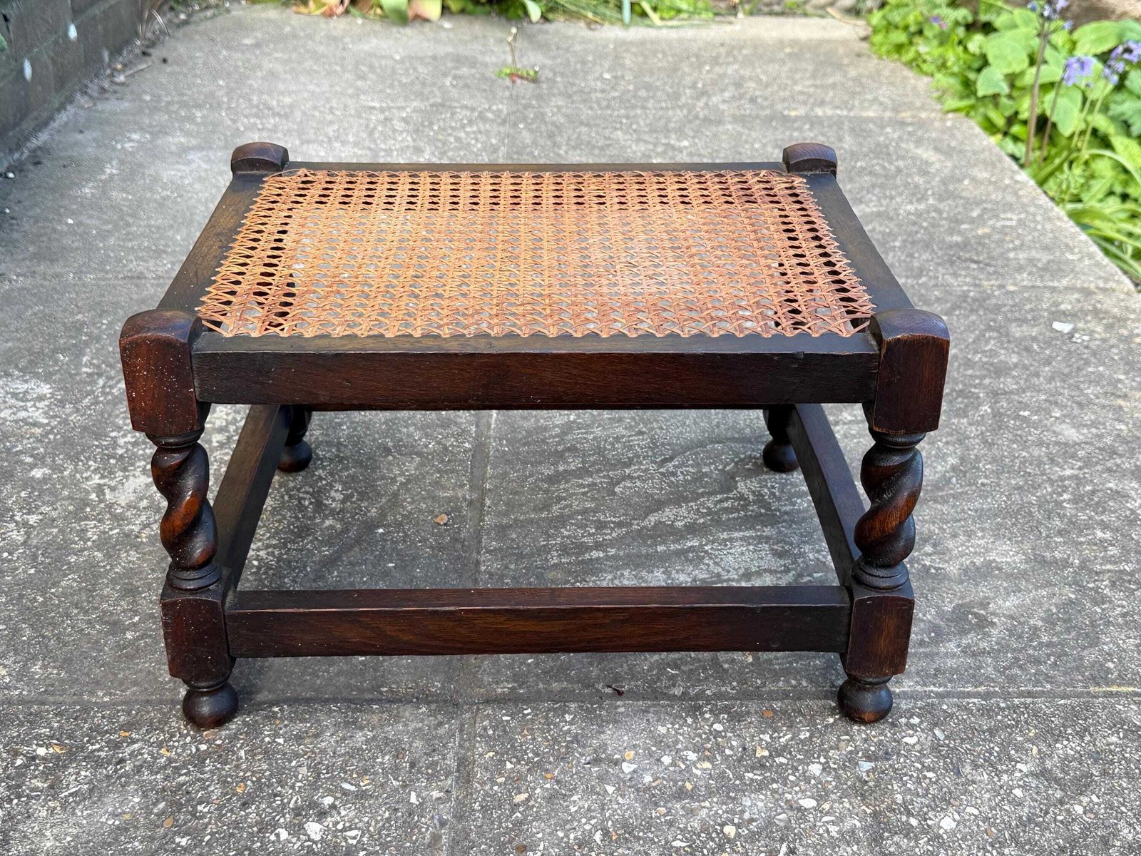 Antique Edwardian Style Oak Cane Top Stool Woven Rattan Footstool Side Table photo furniture
