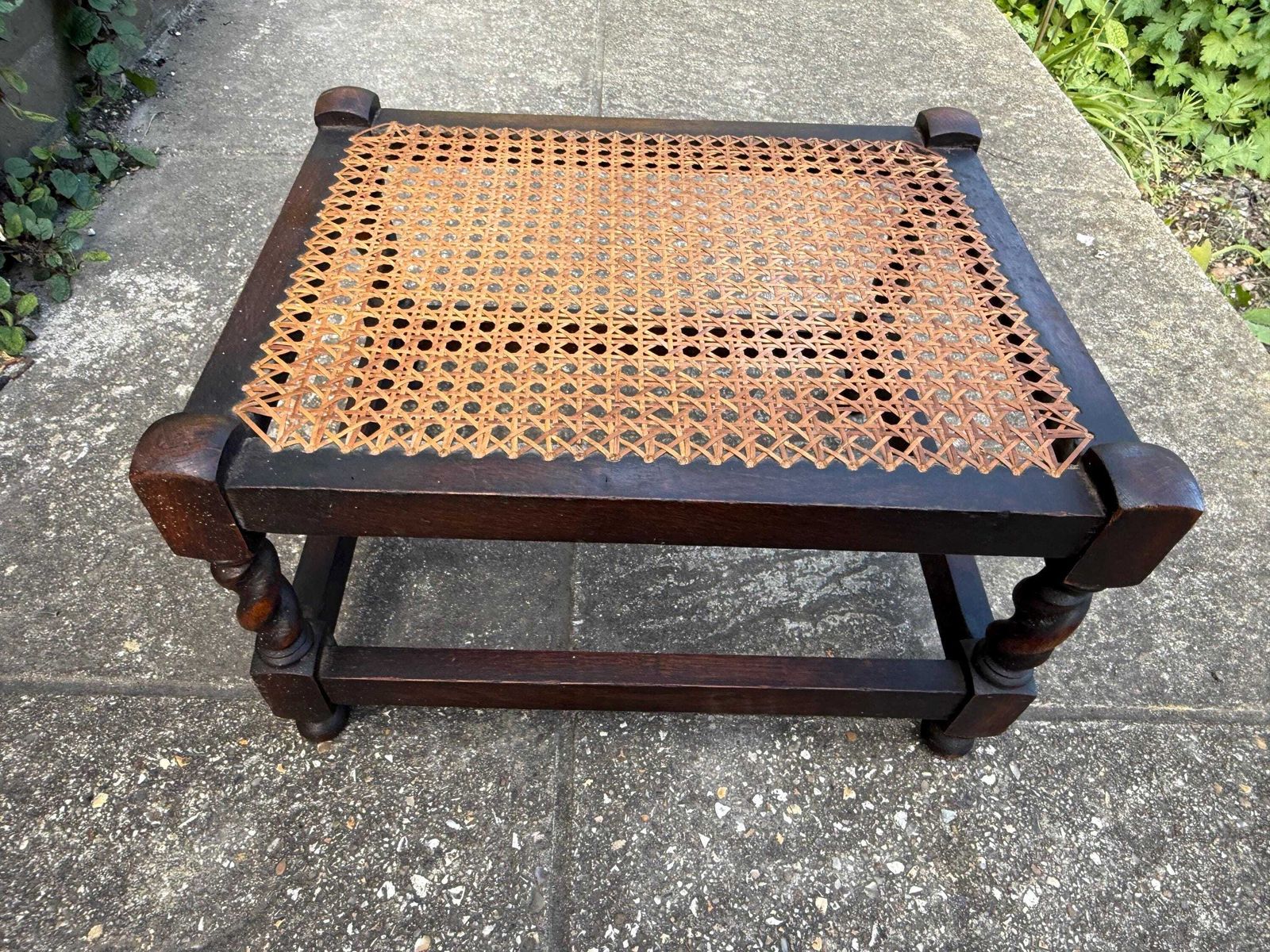 Antique Edwardian Style Oak Cane Top Stool Woven Rattan Footstool Side Table photo 125.0
