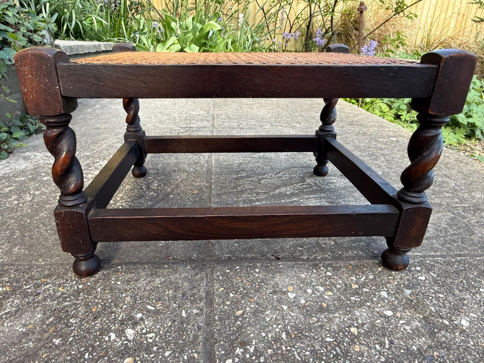 Antique Edwardian Style Oak Cane Top Stool Woven Rattan Footstool Side Table photo vintage