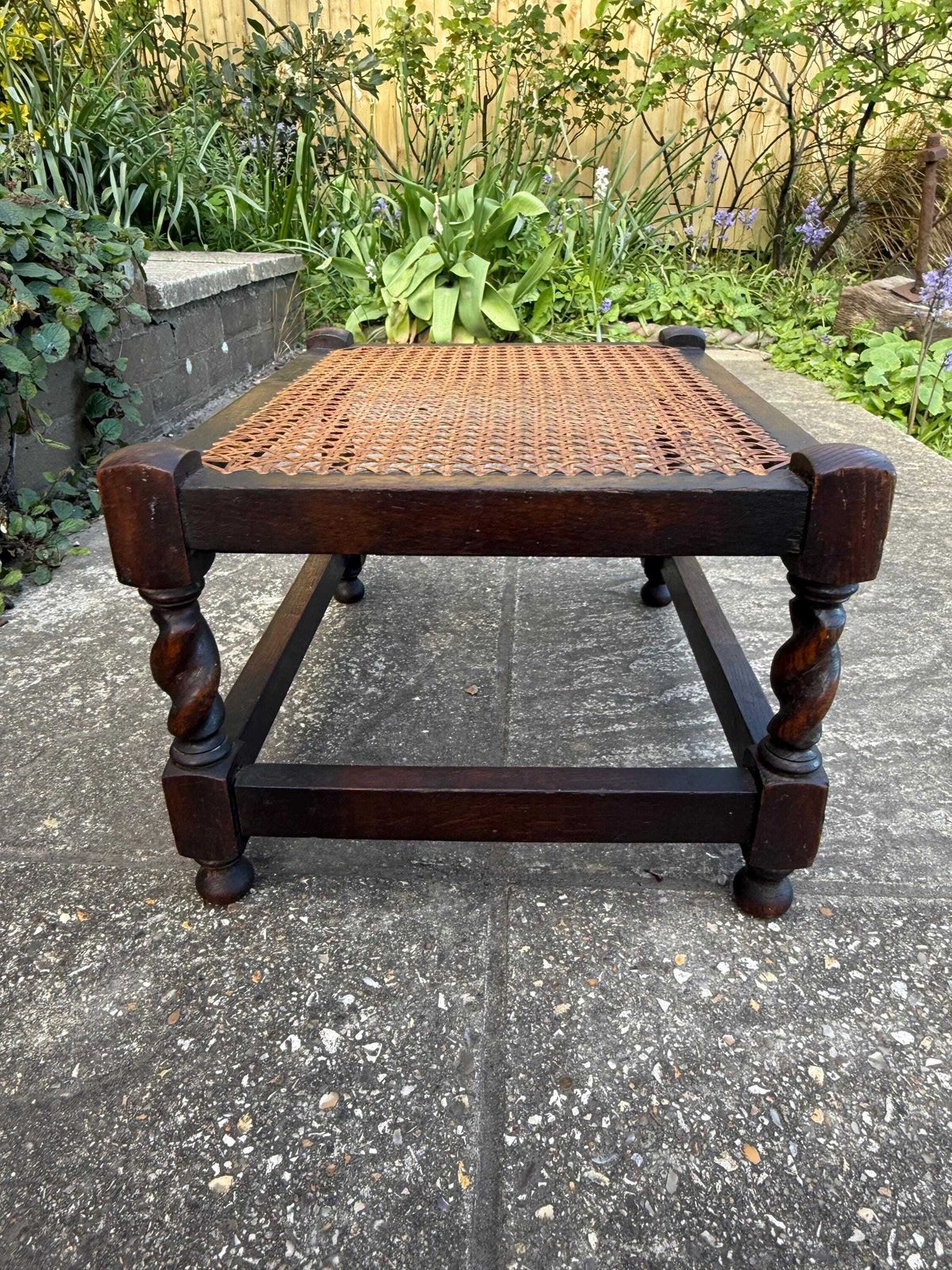 photo buy Antique Edwardian Style Oak Cane Top Stool Woven Rattan Footstool Side Table