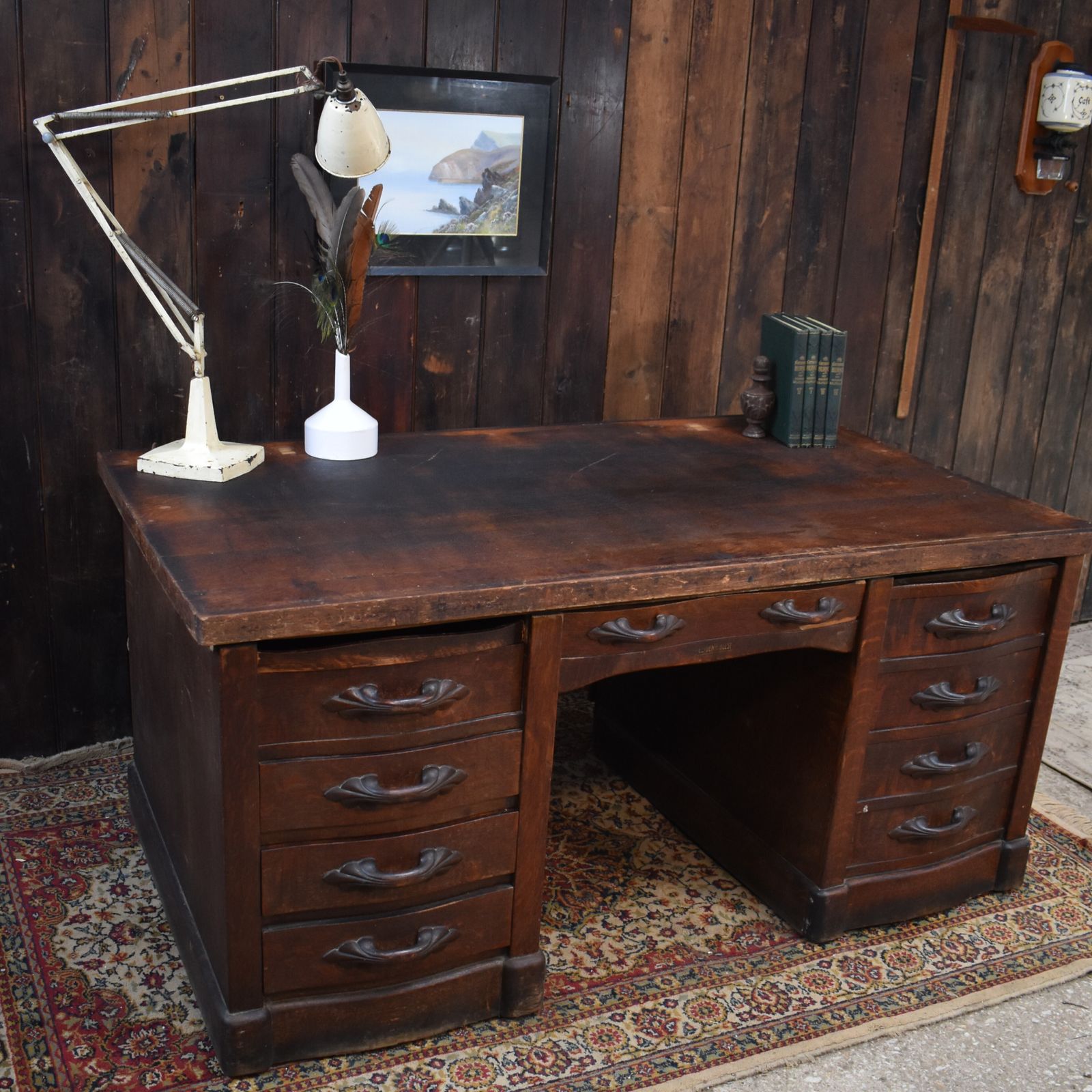 photo vinterior Antique Leyden And Van Beest Oak Twin Pedistal Country House Large Estate Desk