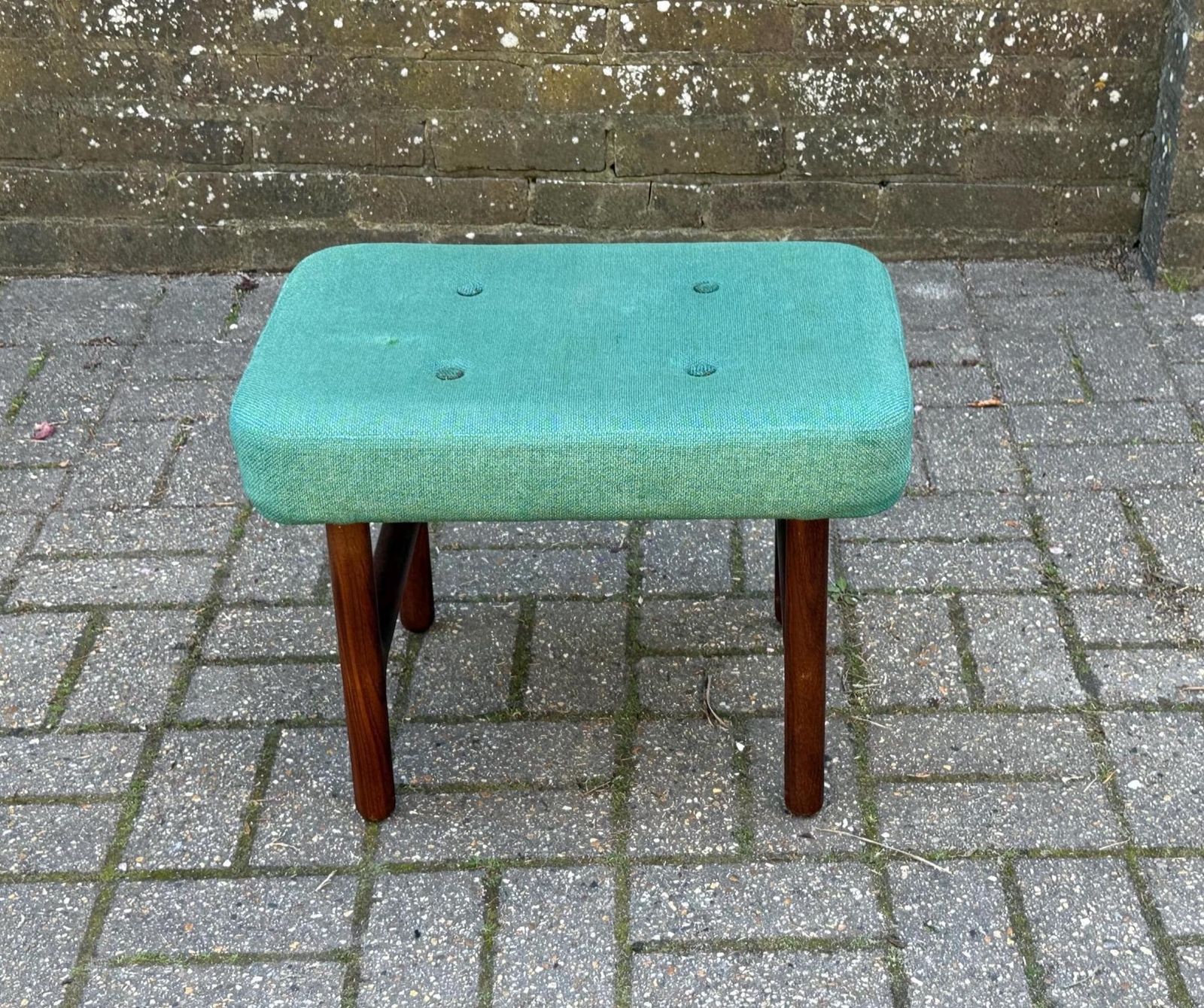 Mid Century Teak Upholstered Stool Green Fabric Footstool Retro Style