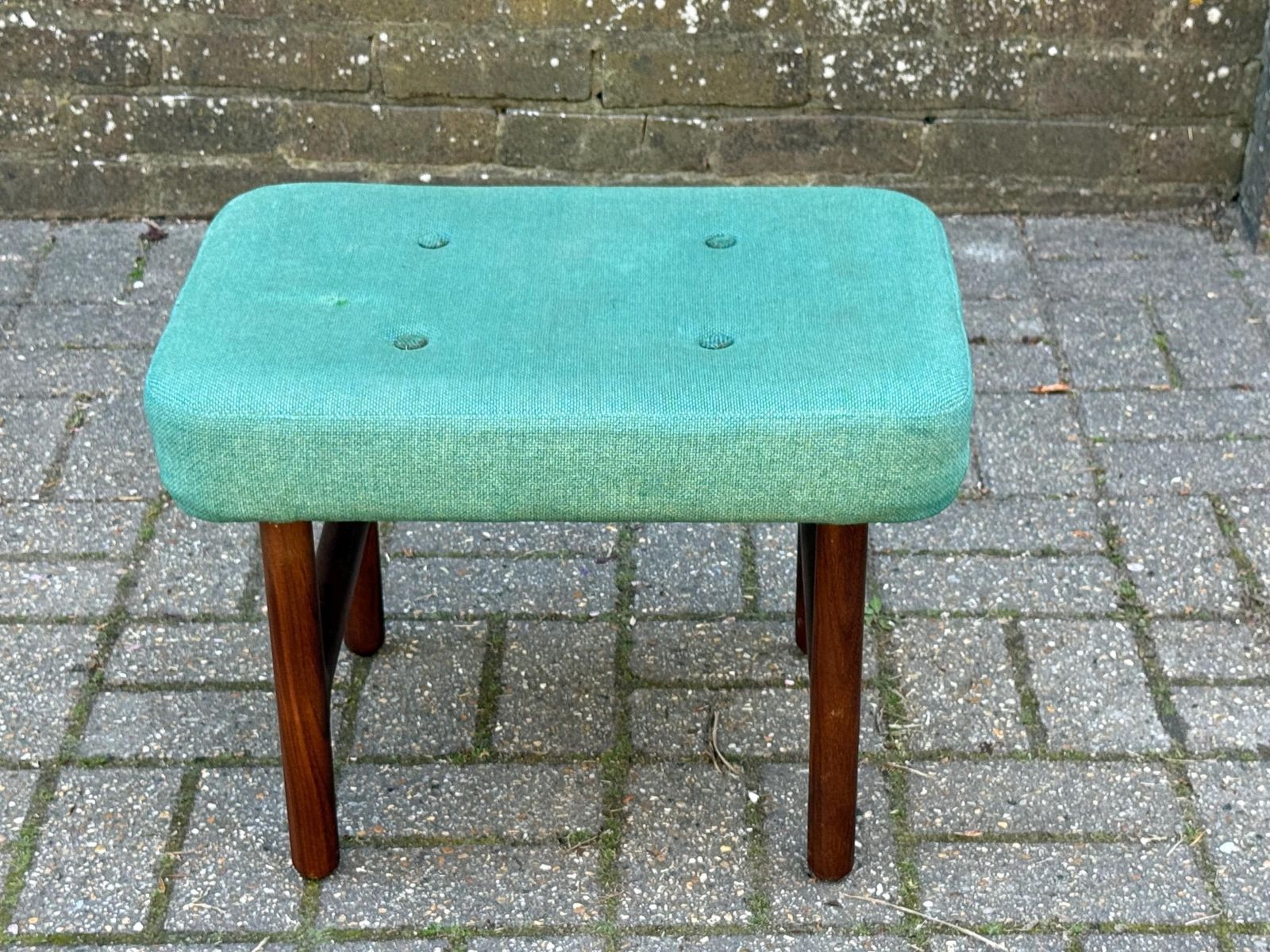 Mid Century Teak Upholstered Stool Green Fabric Footstool Retro Style photo furniture