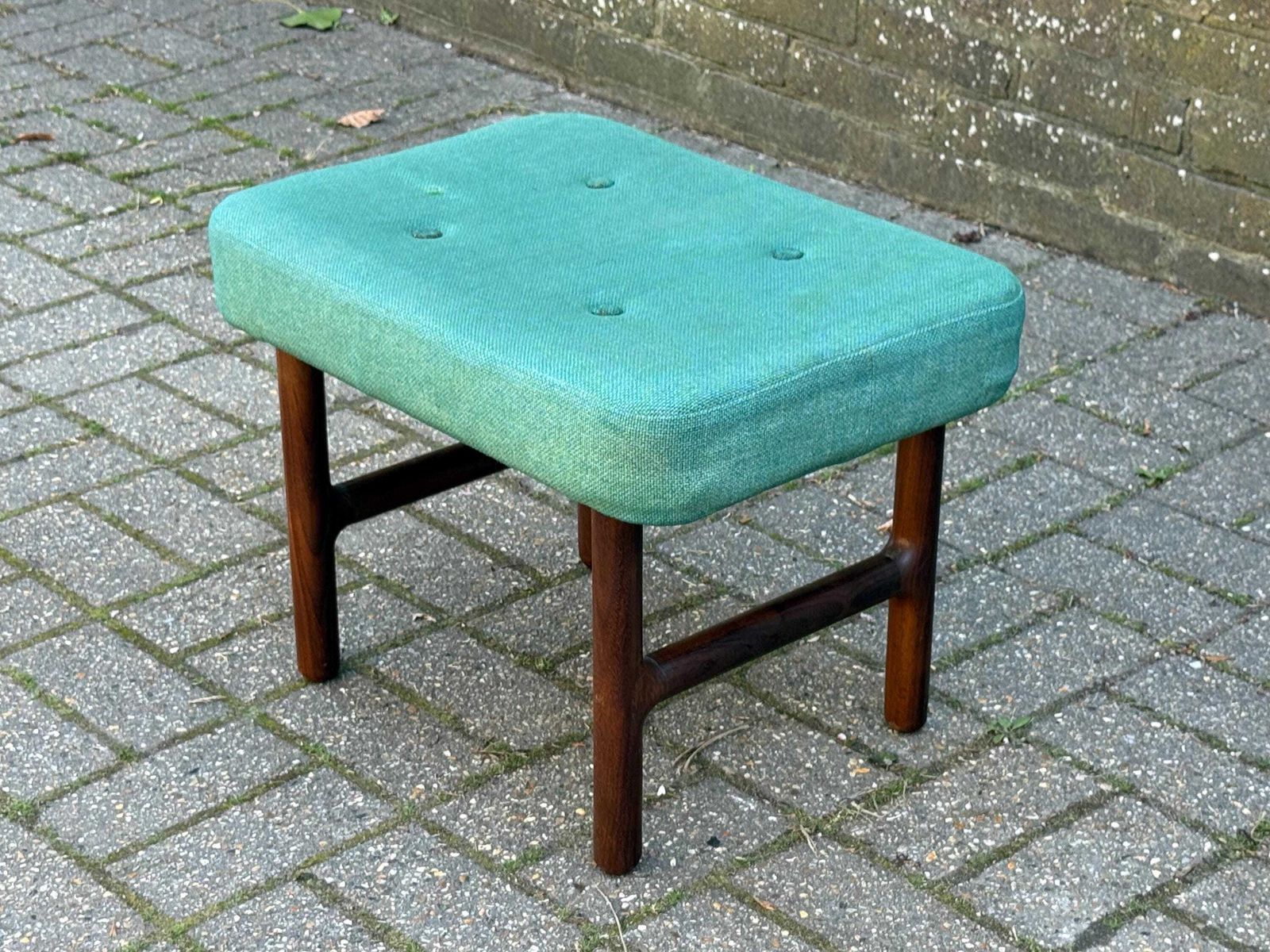 Mid Century Teak Upholstered Stool Green Fabric Footstool Retro Style photo for sale
