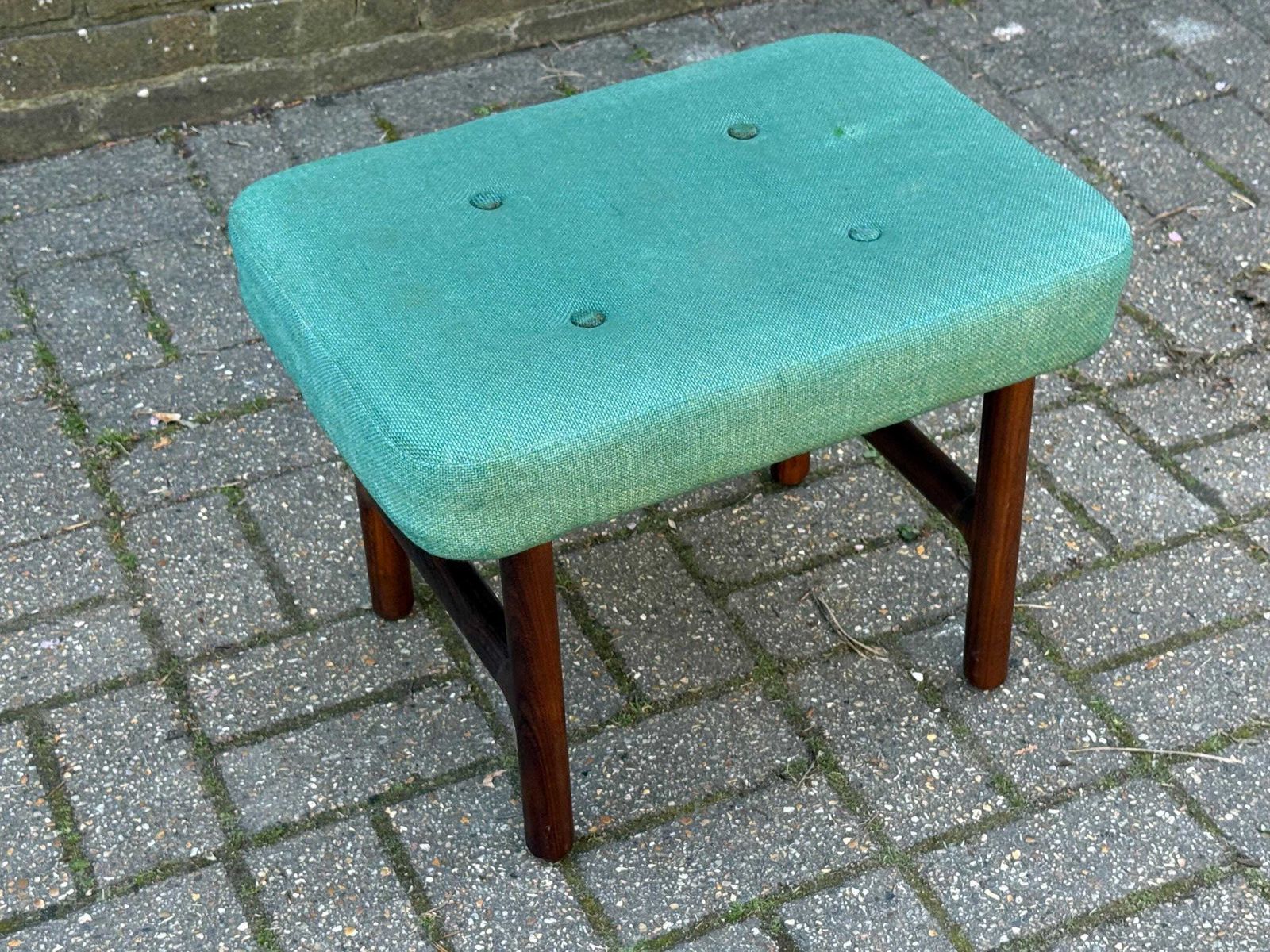 Mid Century Teak Upholstered Stool Green Fabric Footstool Retro Style photo vinterior