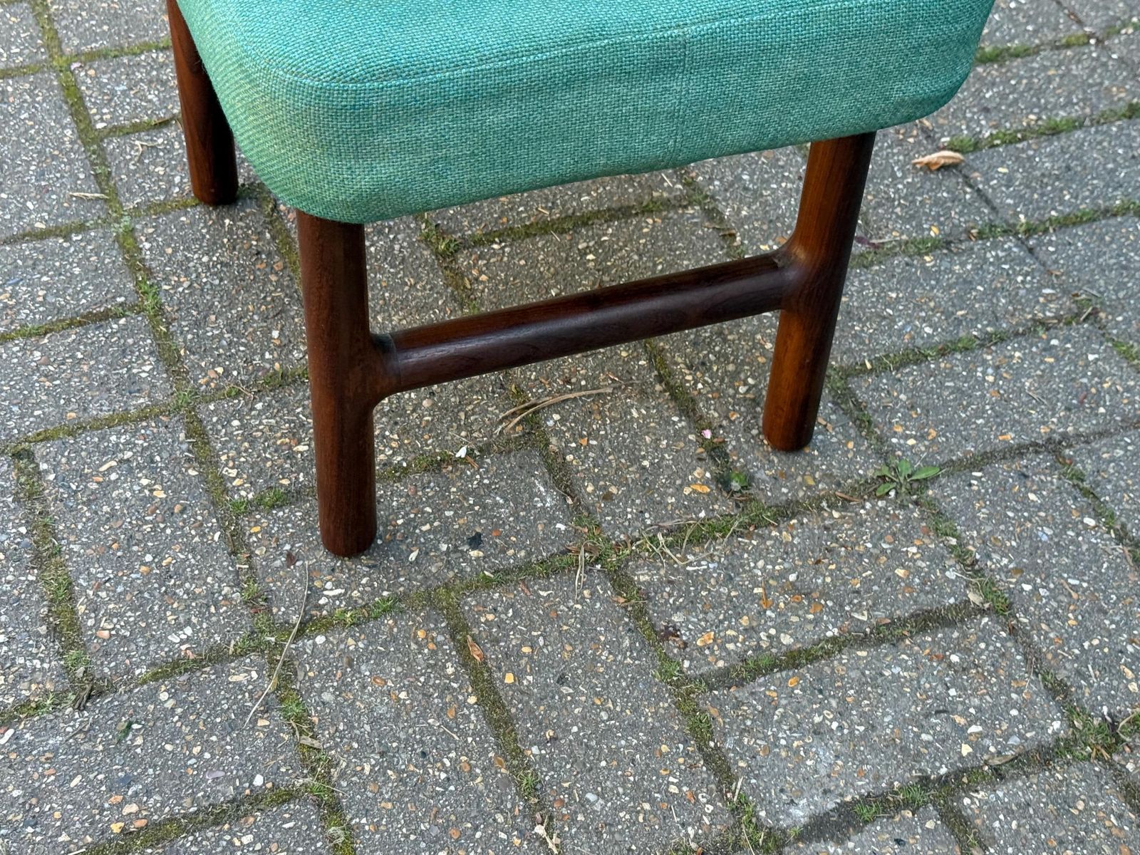 Mid Century Teak Upholstered Stool Green Fabric Footstool Retro Style photo vintage