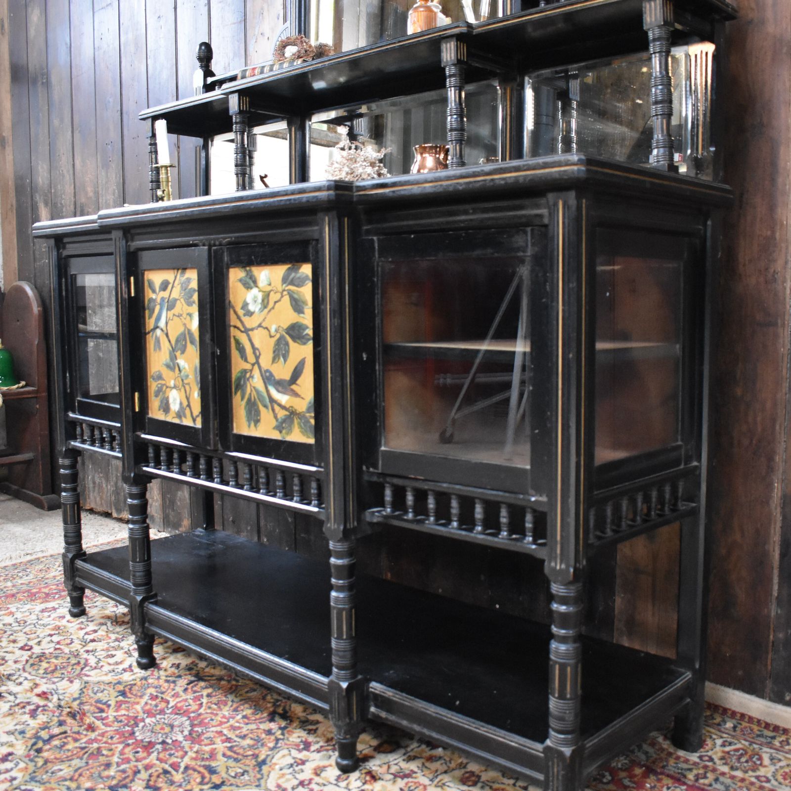 795.0 Antique Woof & Whitaker Aesthetic Movement Ebonised Gilt Bird Sideboard Buffet photo
