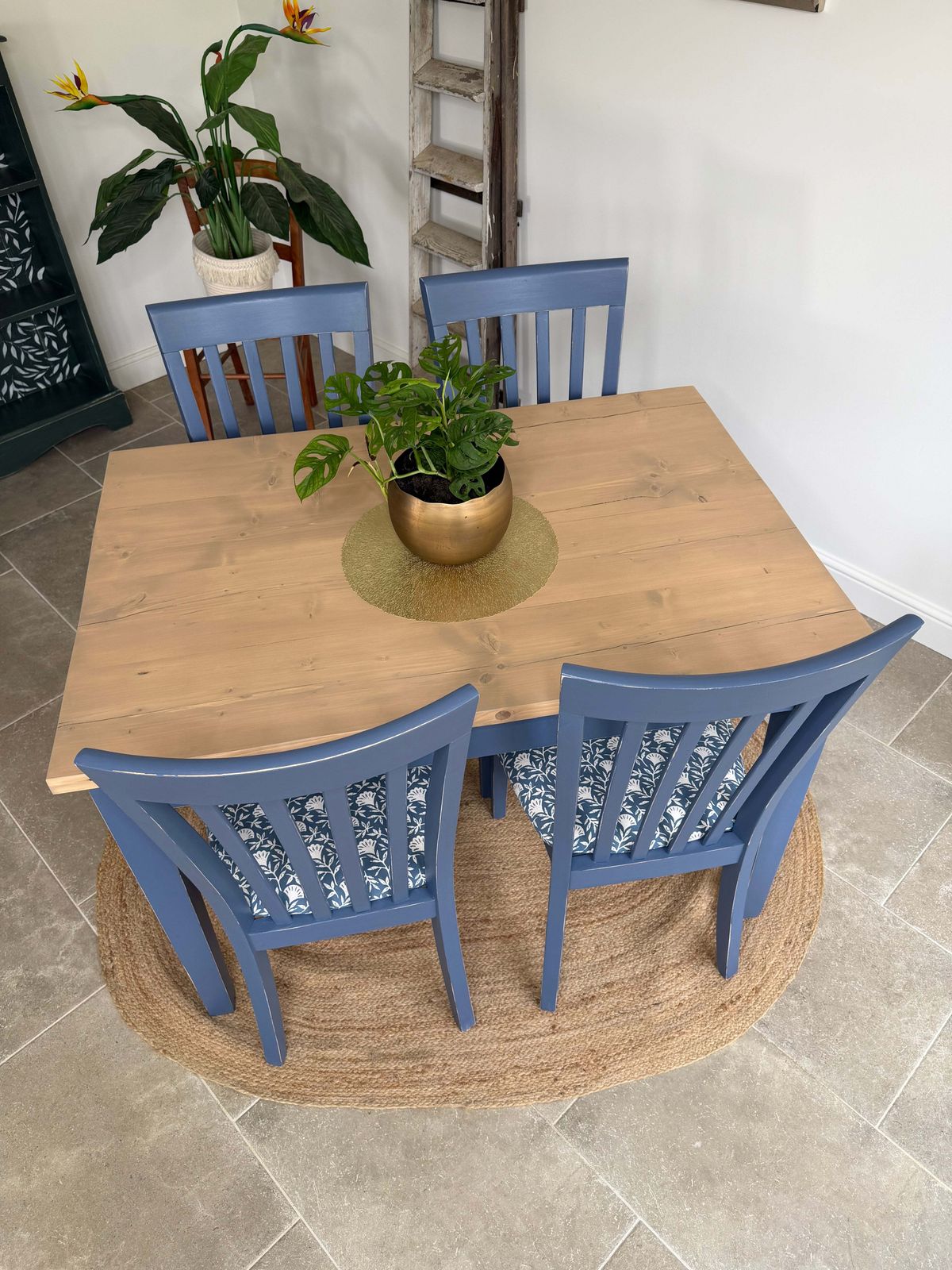 4 Seater Rustic Dining Table And Chairs Painted Blue With Patterned Fabric Cushioned Seats photo for sale