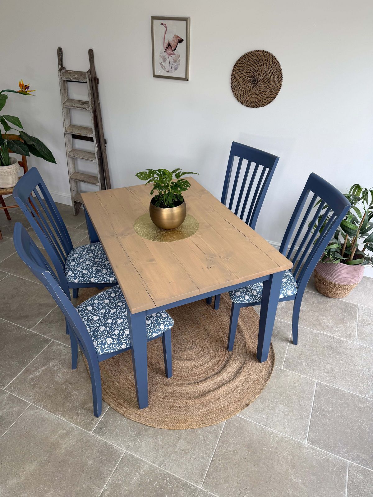 4 Seater Rustic Dining Table And Chairs Painted Blue With Patterned Fabric Cushioned Seats photo vintage