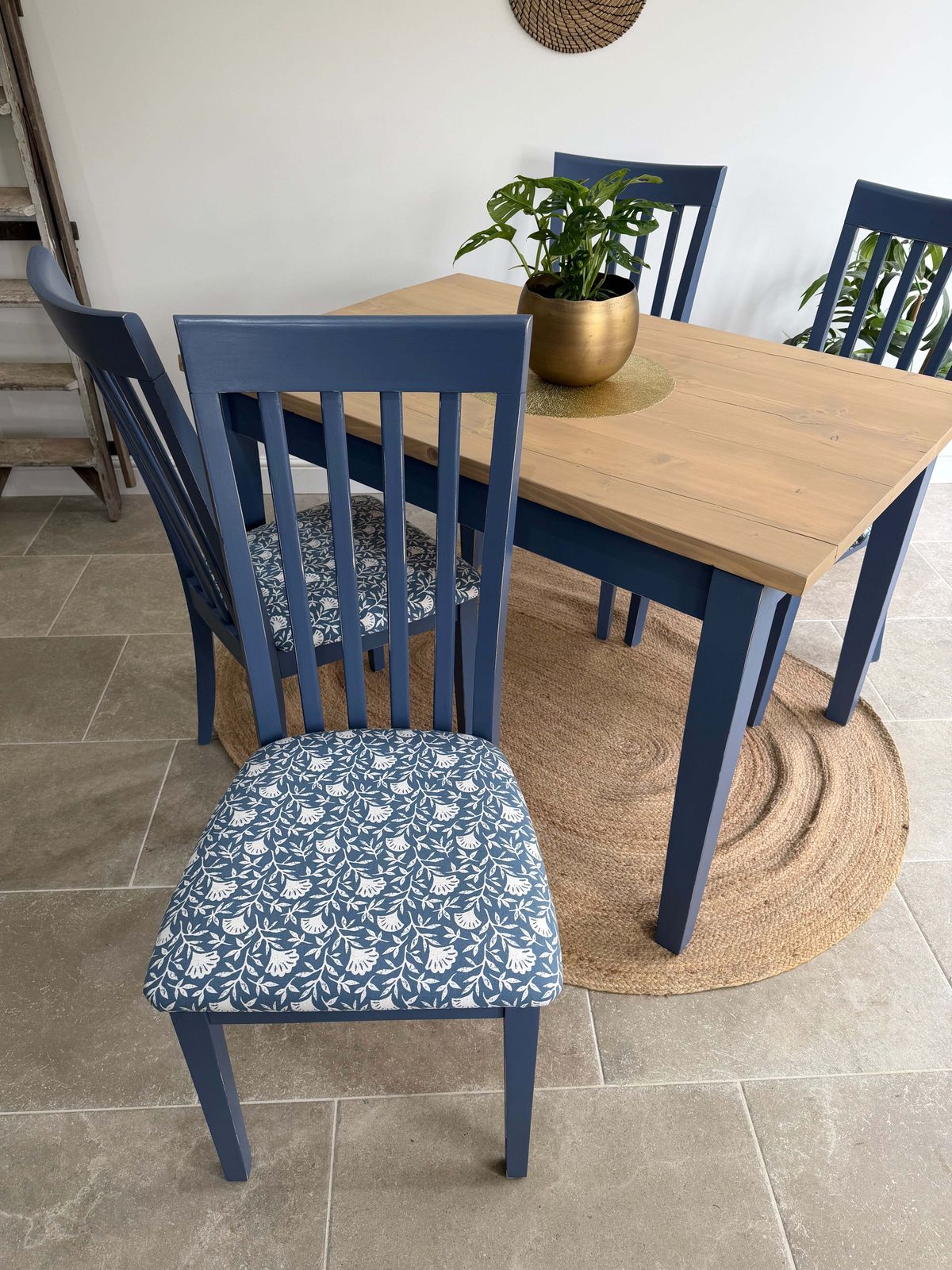 photo furniture 4 Seater Rustic Dining Table And Chairs Painted Blue With Patterned Fabric Cushioned Seats