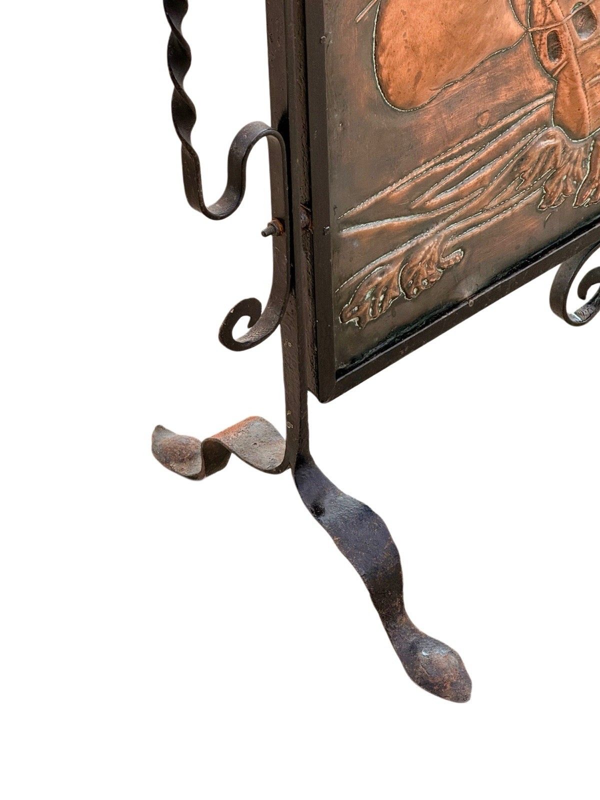 Arts & Crafts Newlyn School Wrought Iron & Copper Repousse Galleon Fire Screen photo vinterior