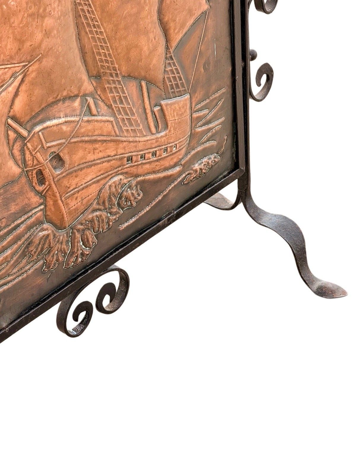 Arts & Crafts Newlyn School Wrought Iron & Copper Repousse Galleon Fire Screen photo buy