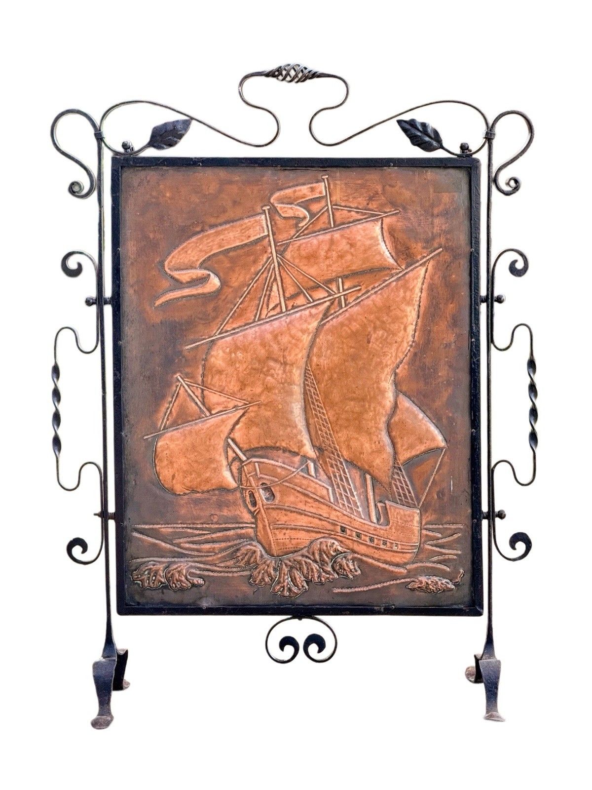 photo furniture Arts & Crafts Newlyn School Wrought Iron & Copper Repousse Galleon Fire Screen