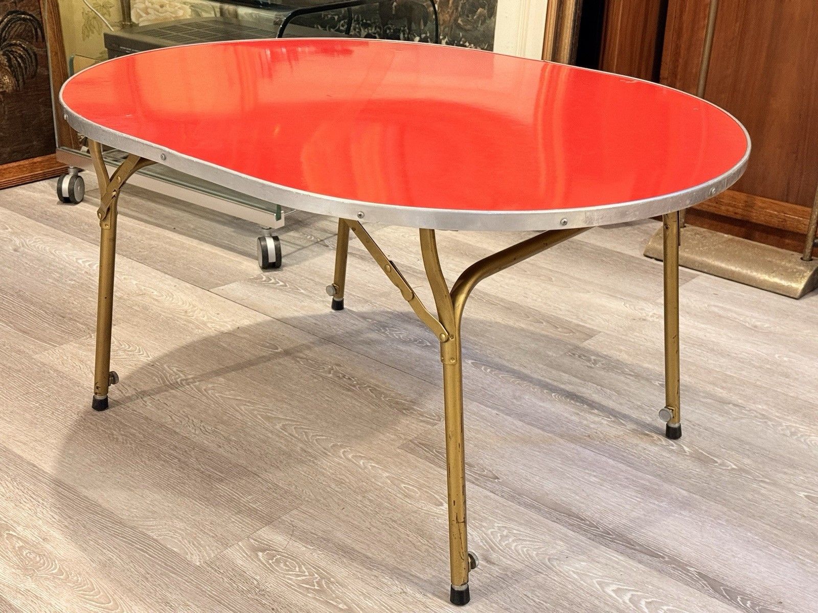 photo buy Vintage Lafuma Red Oval Folding Camping Table Height Adjustable French