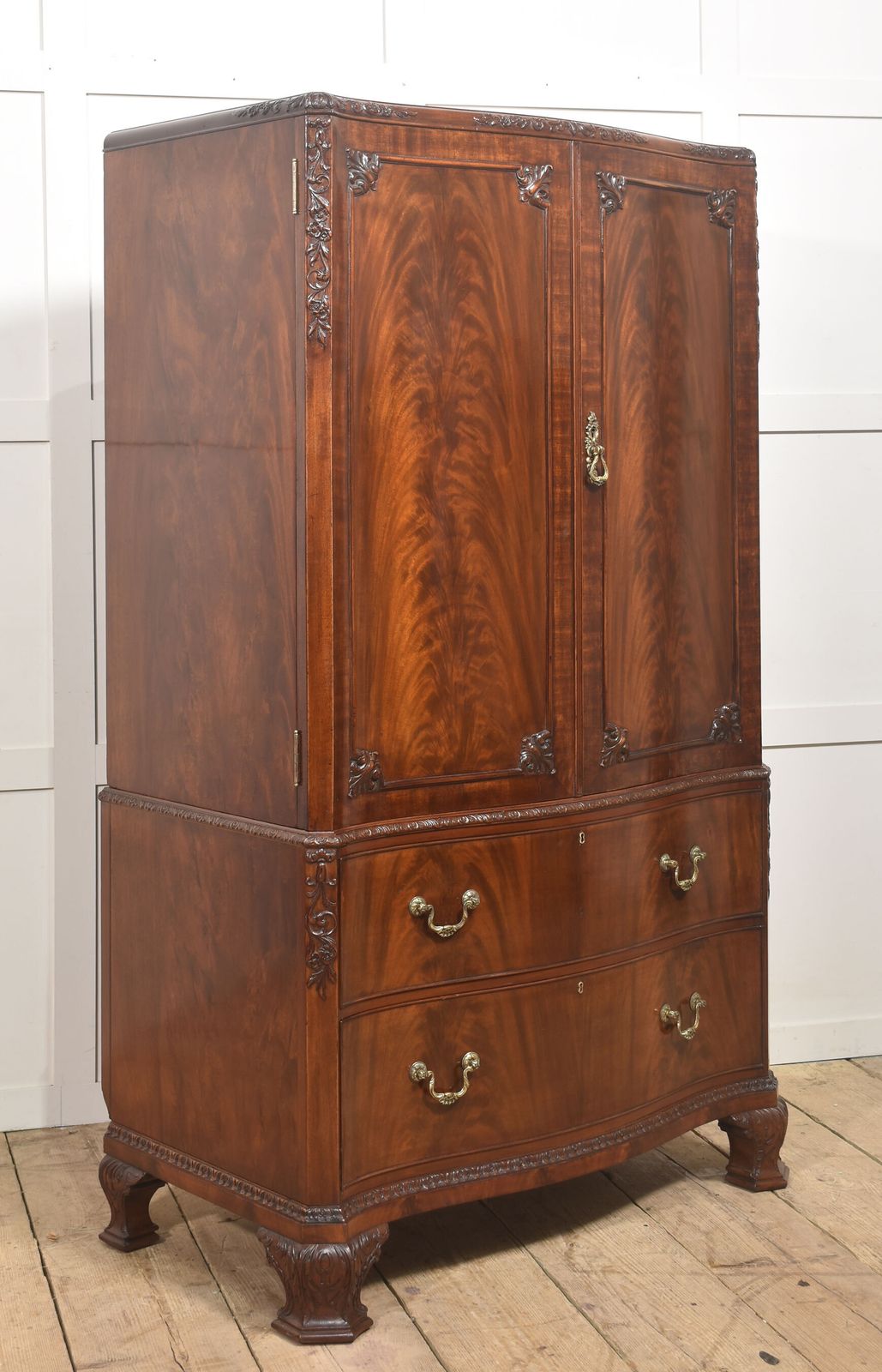 Figured Mahogany Tallboy Linen Press With Carved Detail photo vintage