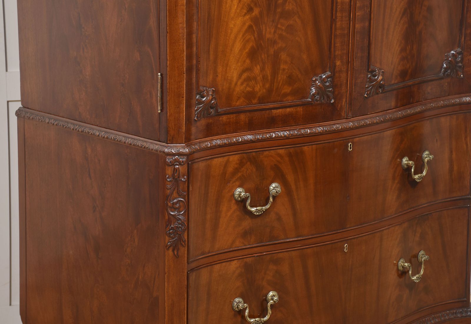 photo furniture Figured Mahogany Tallboy Linen Press With Carved Detail