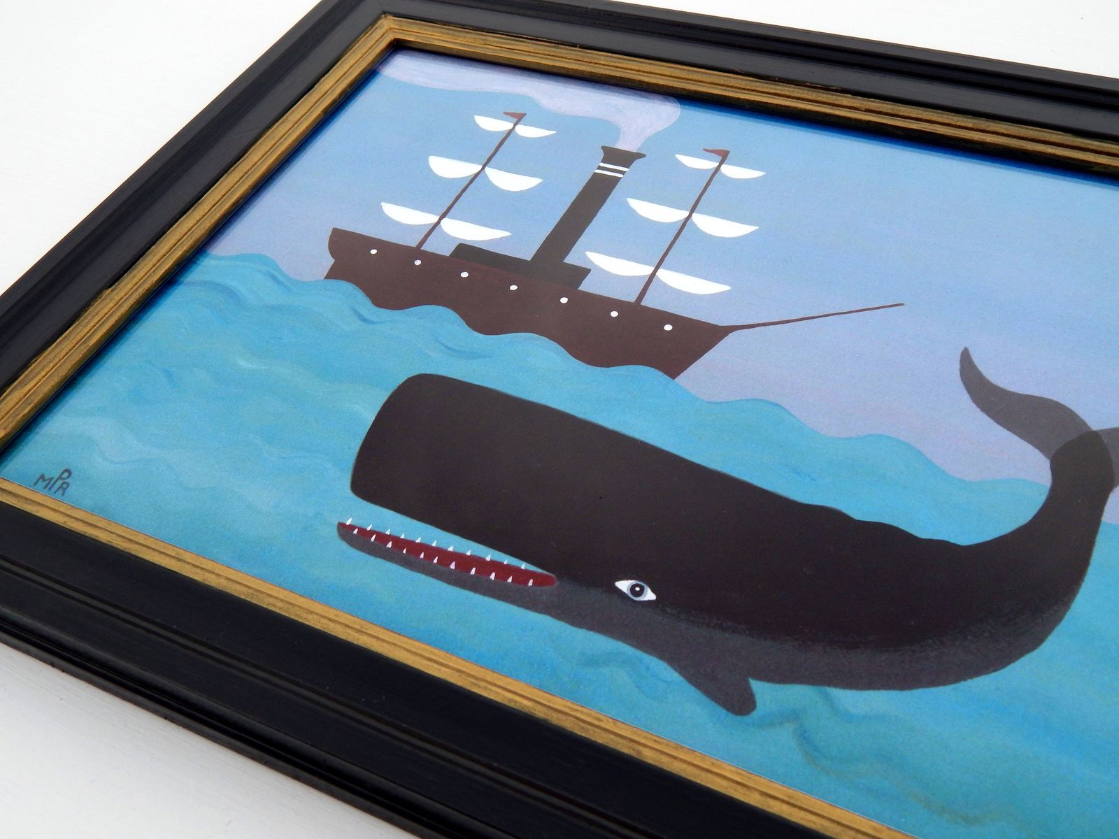 Naive Maritime Sperm Whale Folk Art Print With Early Steamship And Hand Painted Black Frame By Matt Rix photo vintage
